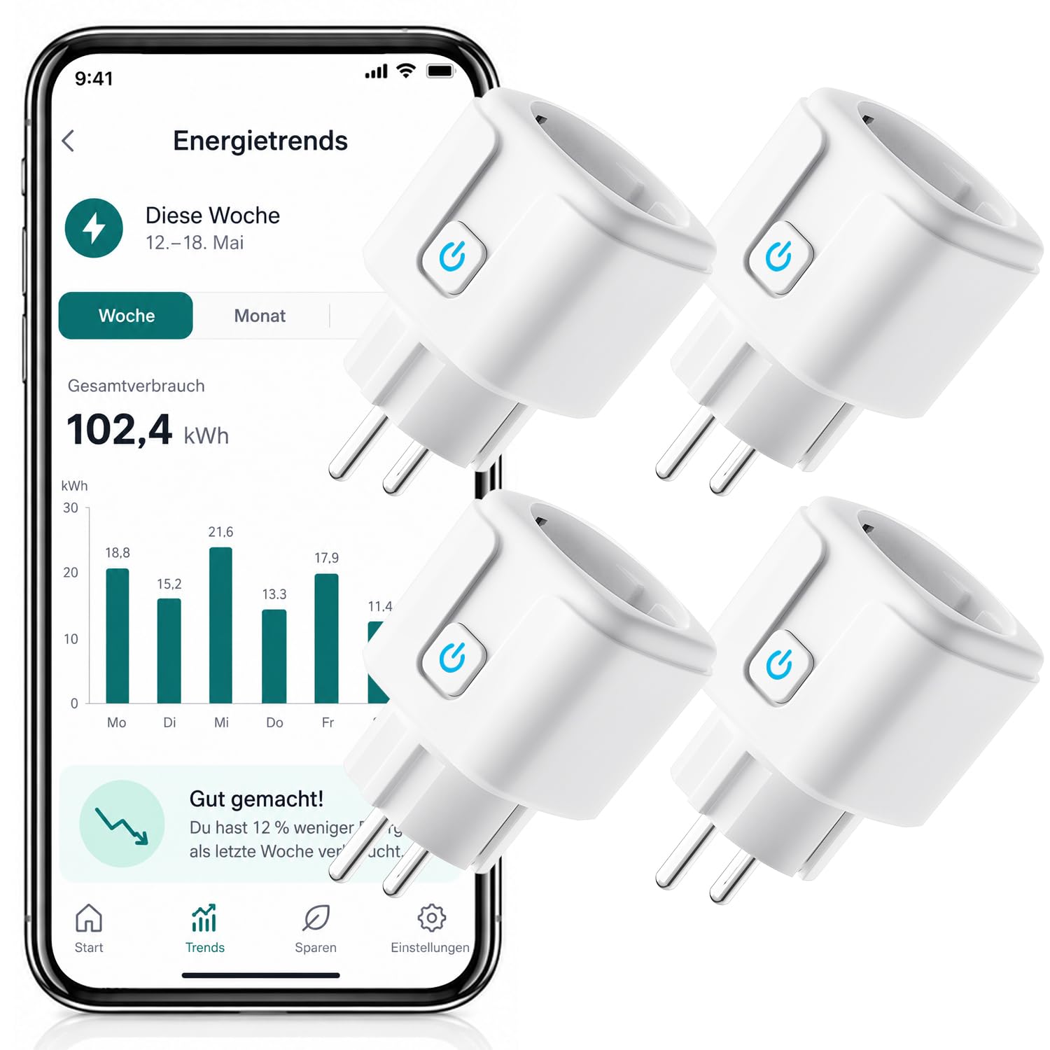 LumeNano WLAN Steckdose mit Strommessung, 4er Pack, 20A 3680W | Smart Steckdose kompatibel mit Alexa & Google Home, WiFi Steckdose mit Zeitschaltuhr, App Steuerung, SmartThings, 2,4 GHz