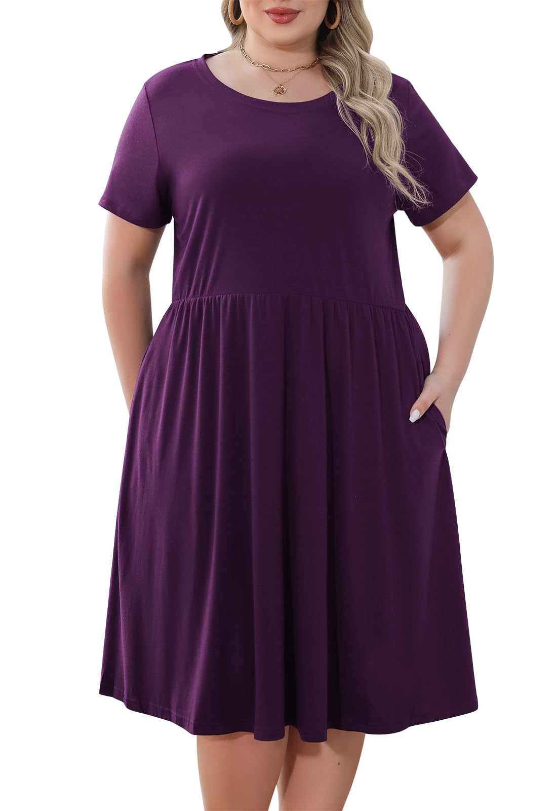 Nemidor Plus Size Casual Dresses for Curvy Women Summer Short Sleeve Fit and Flare Midi Swing Dress with Pocket