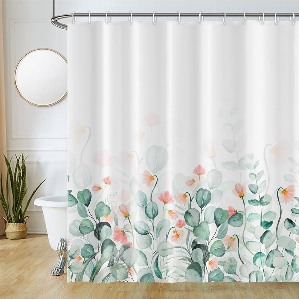 Cortina de Ducha de Hoja Eucalipto, Cortinas de Ducha Verde Oro Abstracto Planta Cortinas de Baño Antimoho Impermeable Lavable Tejido de Poliéster Cortina Ducha con 12 Ganchos 120x200cm — view 140