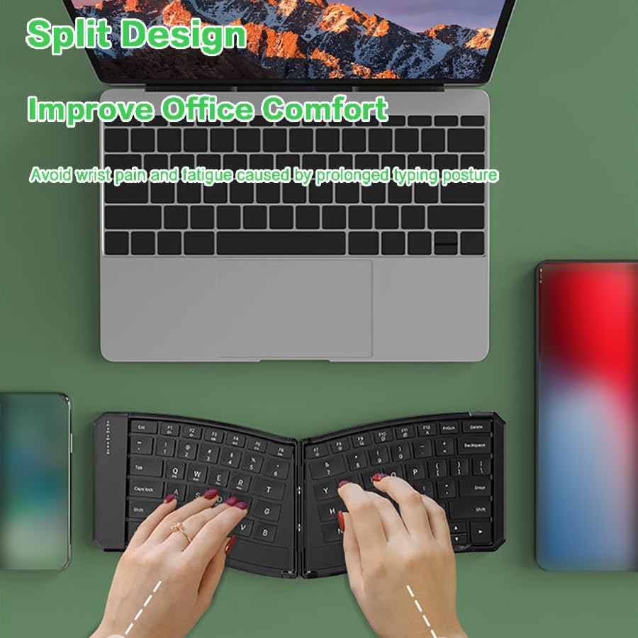 Hands typing on the JOMAA ergonomic folding keyboard, showcasing its split design for improved comfort.