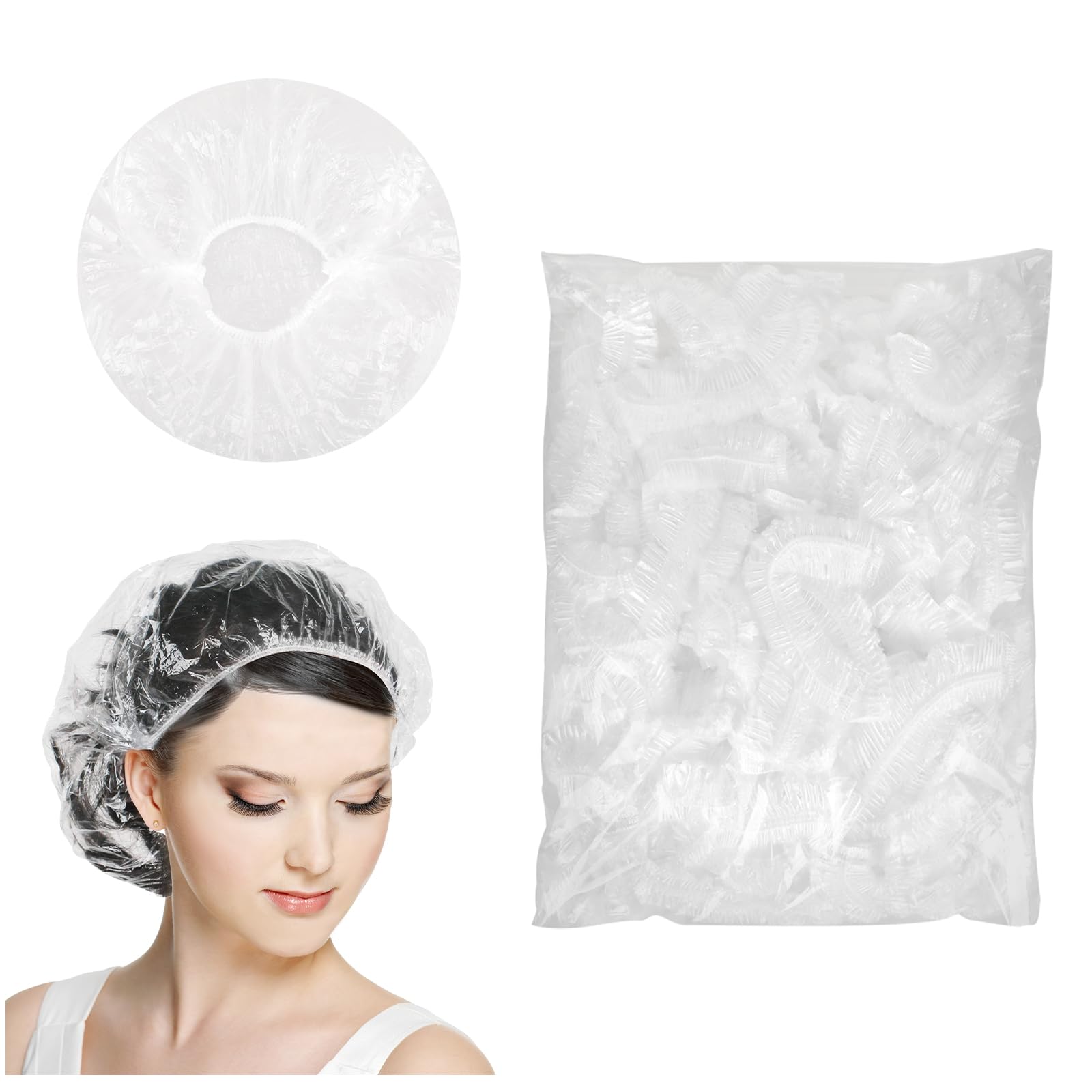 100 gorros de ducha desechables, gorros de plástico para el cabello, gorros de plástico transparente para el cabello, elásticos, grandes, impermeables, para mujeres, suministros de limpieza para el