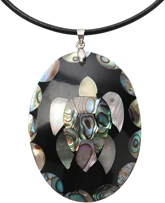 YACQ Abalone Shell Pendant Necklace for Women Black Leather Cord 18" + 2"