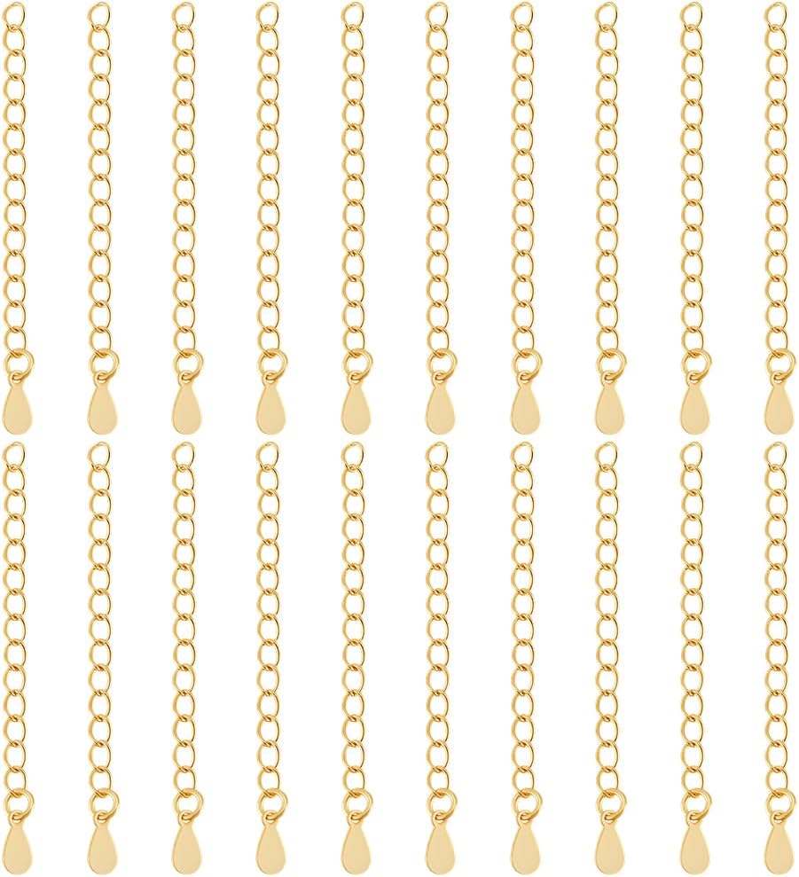 Beebeecraft 1 Box 20Pcs Bracelet Extender Chains 18K Gold Plated Brass Necklace Extenders Cable End Chain with Teardrop Charm Tabs for Jewelry Making (5.3cm/2.08in)