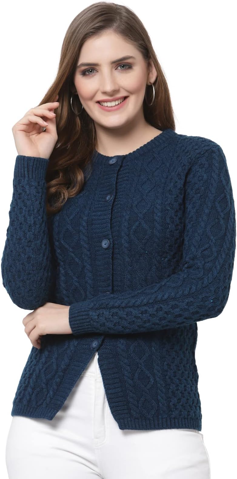Kalt Women Sweater for Winters Woolen Acrylic Full Sleeve Round Neck Cable Design Cardigan Sweater for Women Winter Woollen Stylish(Dark Teal;7XL)