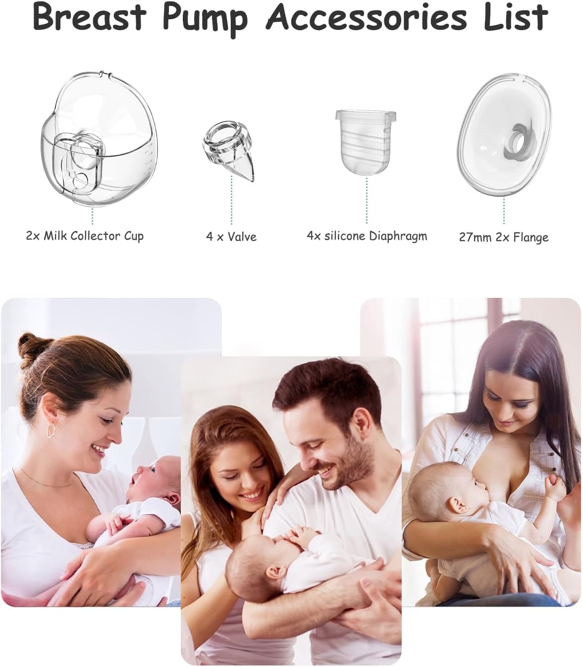 for Lansinoh Discreet Duo Nuliie S32 Model S32 Breast Pump Parts, Wearable Breast Pump Replacement Parts Include Duckbill Valve, Silicone Diaphragm, 27mm Flange, Milk Collector Cup, 2 Sets