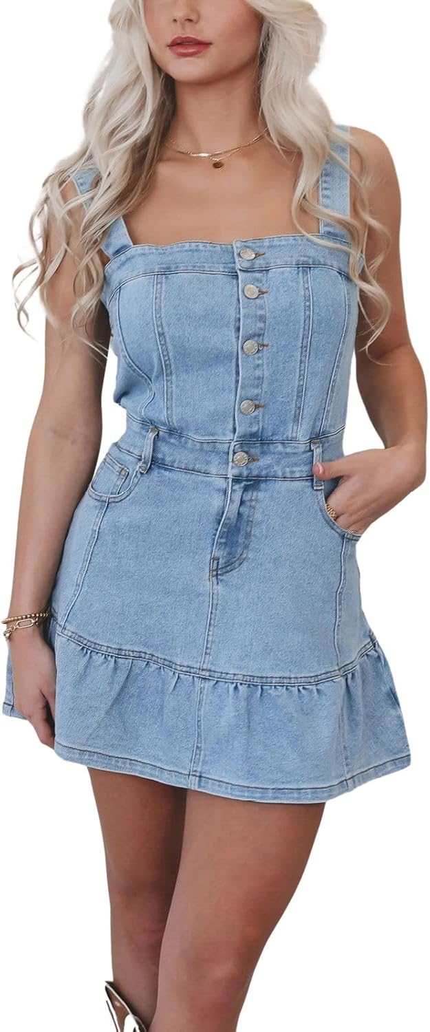 utcoco Womens 2025 Denim Dress Sleeveless Strap Slim Button A-Line Mini Jean Dresses with Pockets