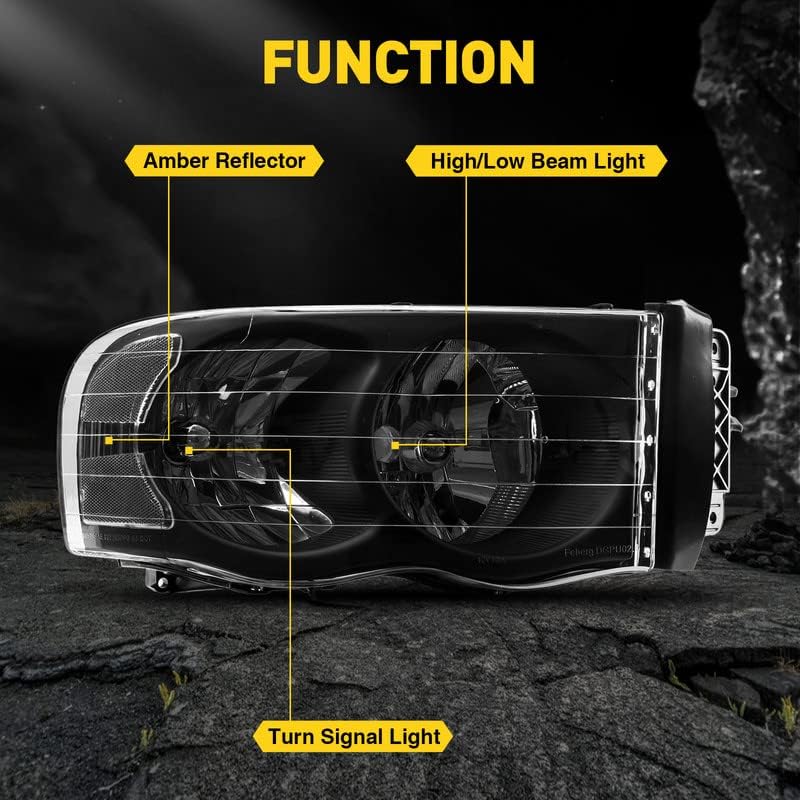 KAC Headlights Assembly Black Compatible with 2002-2005 Ram1500/2500/3500, Replace CH2502135,CH2503135