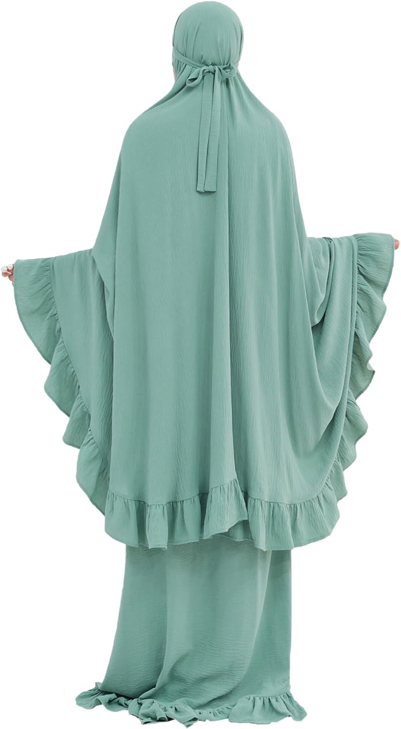 2PCS Abayas for Women Muslim Dress Ruffled Hem Modest Prayer Robe Full Coverage Modest Jilbab Set