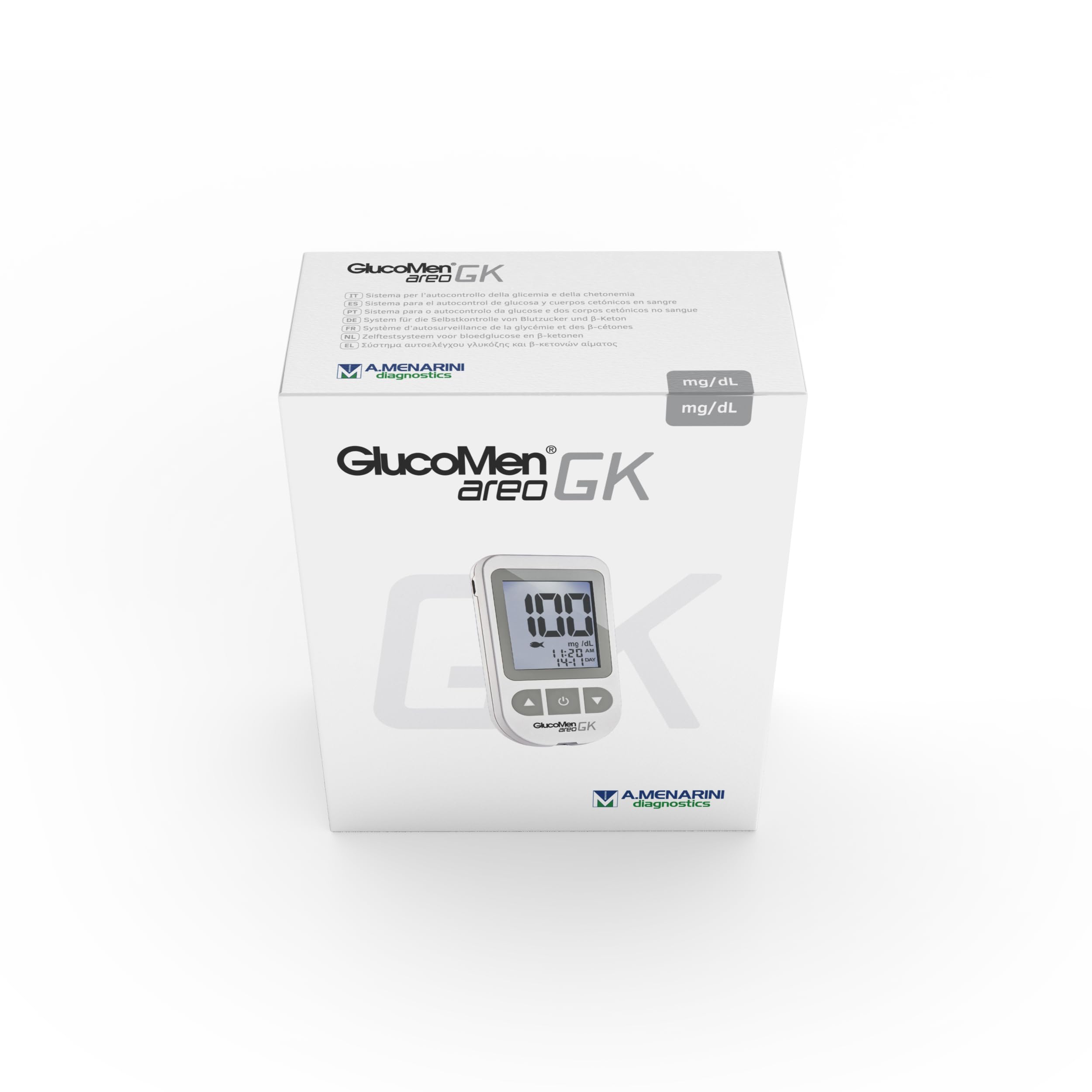 Menarini Diagnostics Strumento per la Misurazione del Glucosio nel Sangue GlucoMen Areo GK Meter Set NO VRAC - Glucometro, Misuratore Glicemia e Chetonemia (Risultato in 5-8 Secondi)