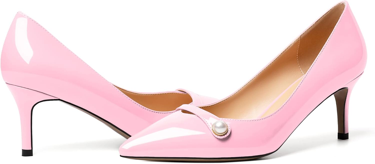 AUMOTED Womens Sexy Patent Pointed Toe Pumps Stiletto Mid Heel Pumps Slip On with Pearl Evening Wedding Dress Shoes 2.5 Inch