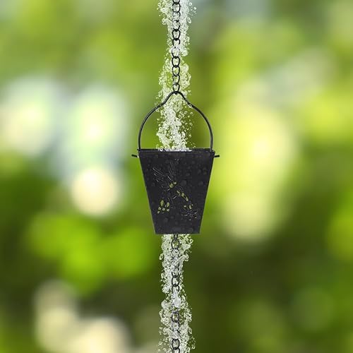 Miniatura 6 de giole 10.92 pies Cadena de lluvia negra cuadrada para exterior con 12 tazas Cadena de lluvia ajustables de metal para atrapar la lluvia para