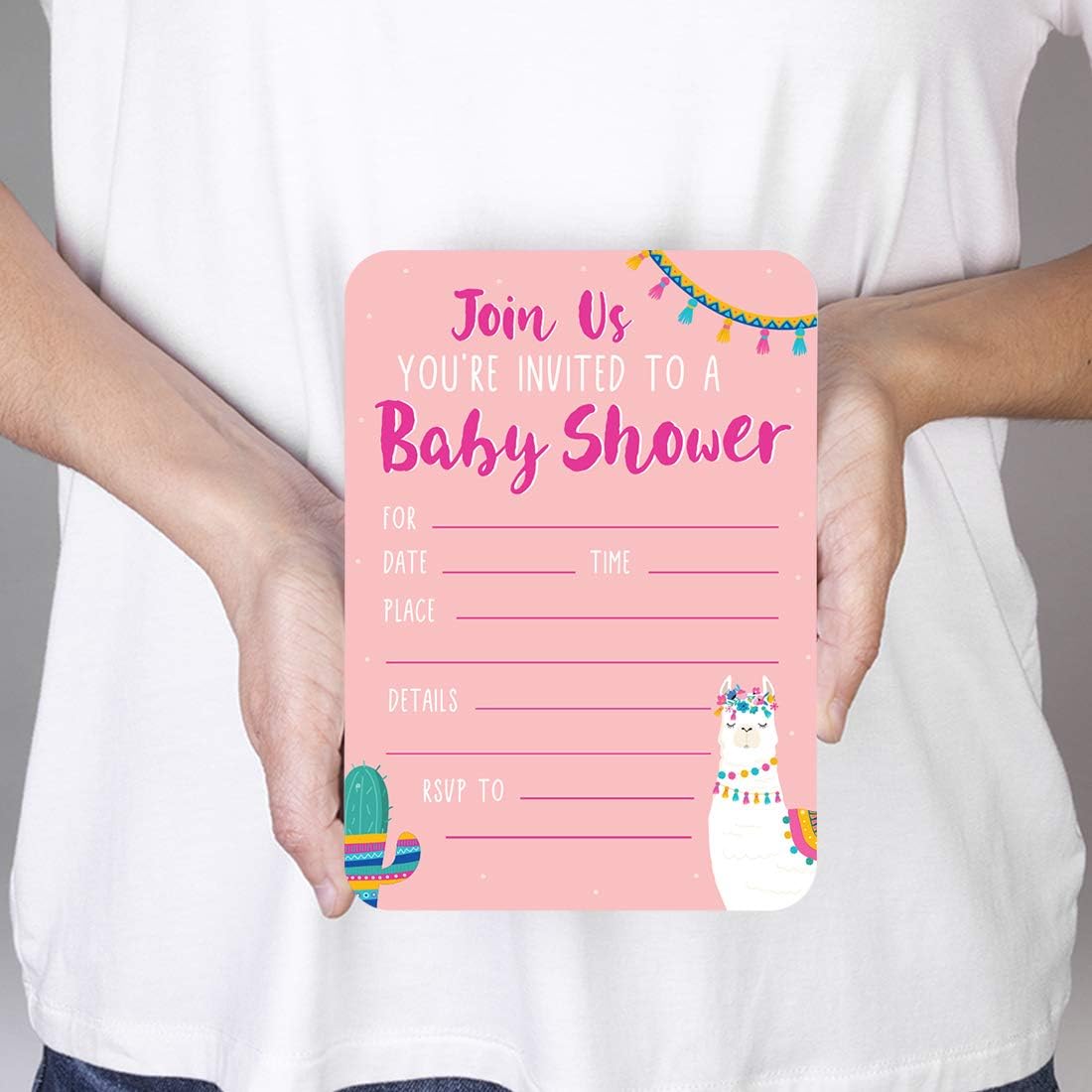 Andaz Press Peach Pink Llama and Cactus Girls Baby Shower Party, 5x7-inch Blank Invitations with Envelopes, Join Us, 24-Pack, Llama Alpaca Bohemian Themed Decor, Games Activities and Decorations