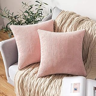 MIULEE Set of 2 Striped Corduroy Square Throw Pillow Case Soft Cushion Covers Sham Home for Sofa Couch/Bedroom Decorative Fluffy Large Pillowcases 18x18 Inch 45x45cm Pink