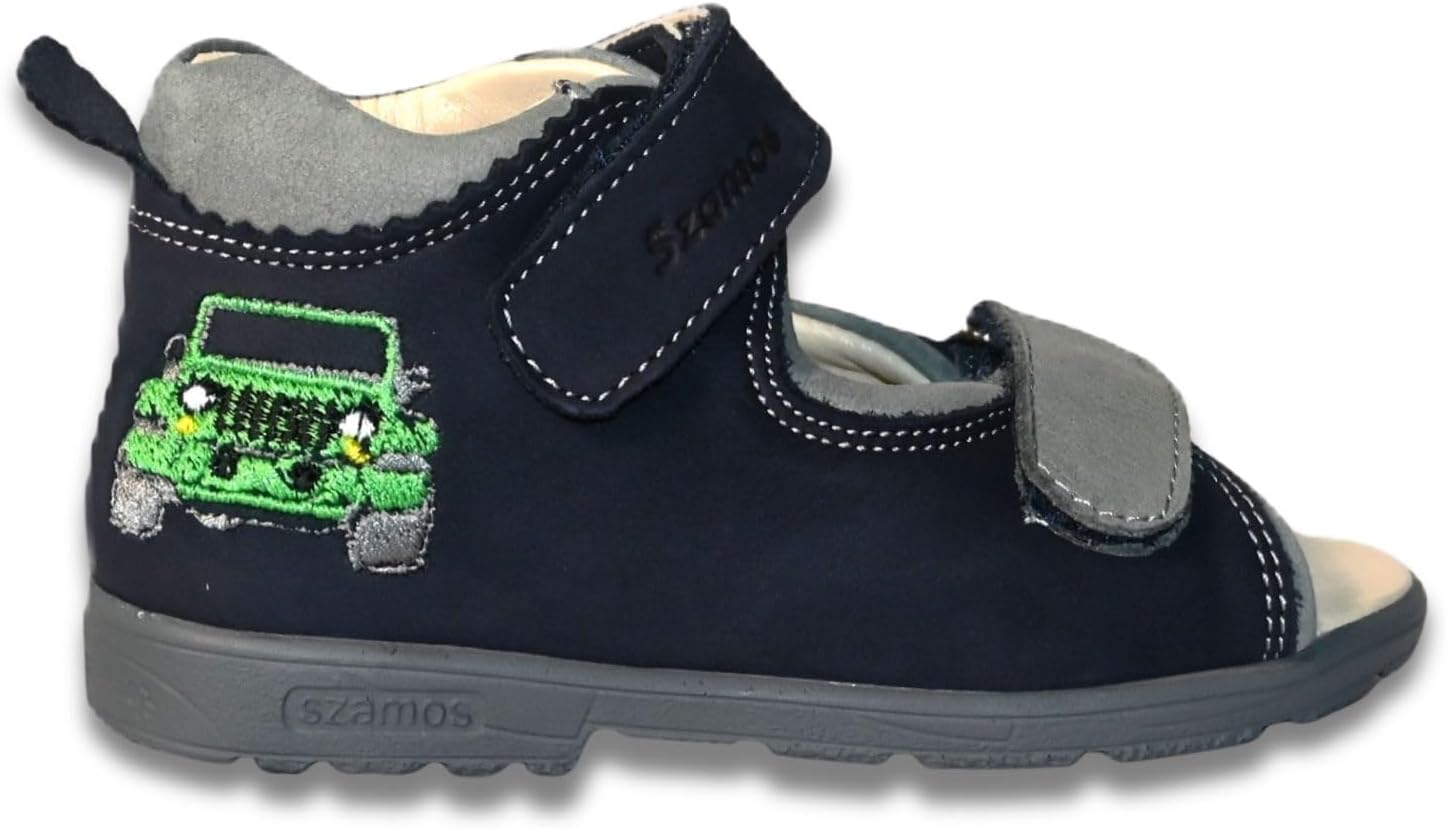 Kids Boys' Leather Orthopedic Corrective Sandals – Arch Support Shoes for Flat Feet & Overpronation with Adjustable Hook-and-Loop Straps, Navy blue with green off-road car design.