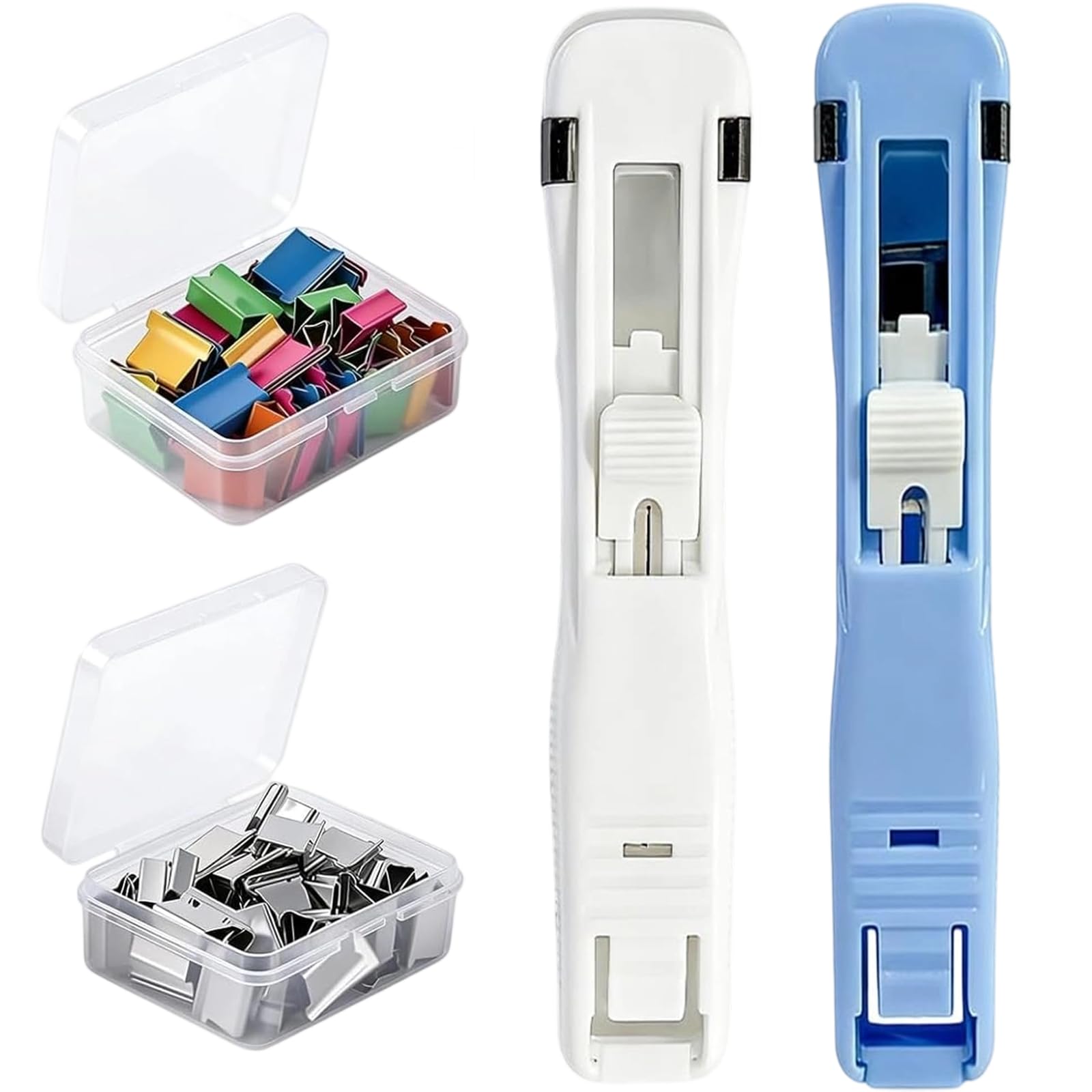 Portable Binder Clip Stapler - Includes 100 Reusable Clips, Handheld Paper Binder Clip Dispenser for Desk Document, Metal Office Supplies in Clear Box for Home Organization School (2PCS-W+LB)