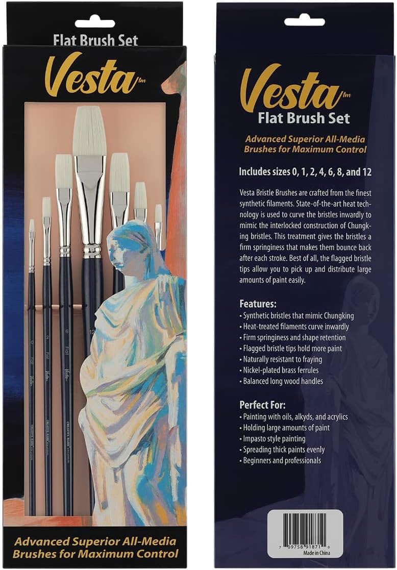 Creative Mark Vesta Synthetic Bristle Artist Paint Brushes for Acrylic Painting - Long Handle Acrylic Paint Brush Set of 7 Mimics Chungking Bristles for Oils and Alkyds - Flat Sizes 0,1,2,4,6,8,12