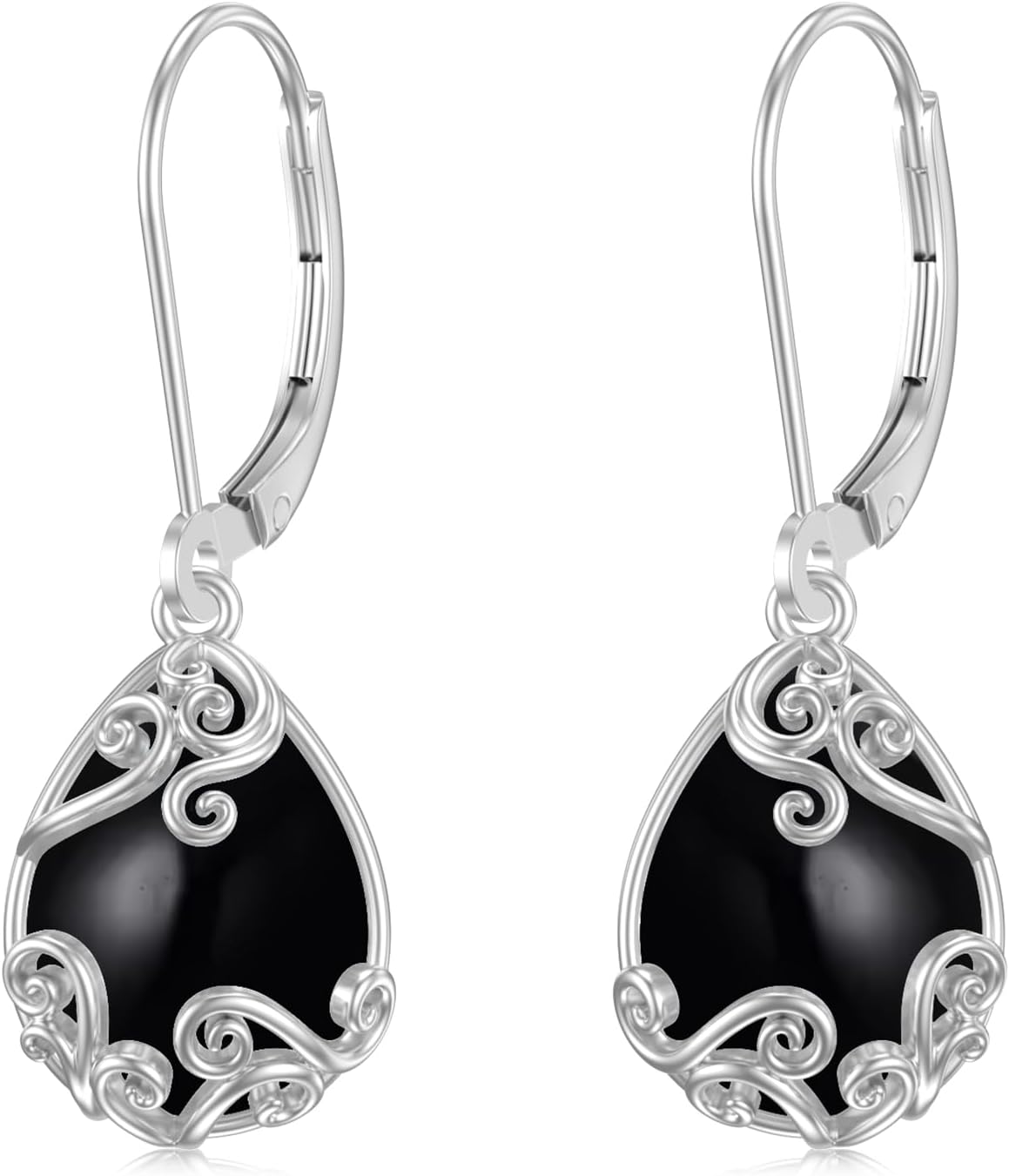 Filigree/Hibiscus/Plumeria Flower Leverback Earrings Moonstone/Lapis Lazuli/Turquoise/Moss Agate/Black Onyx Jewelry for Women 925 Sterling Silver Dangle Drop Earrings Filigree Gifts for Wife