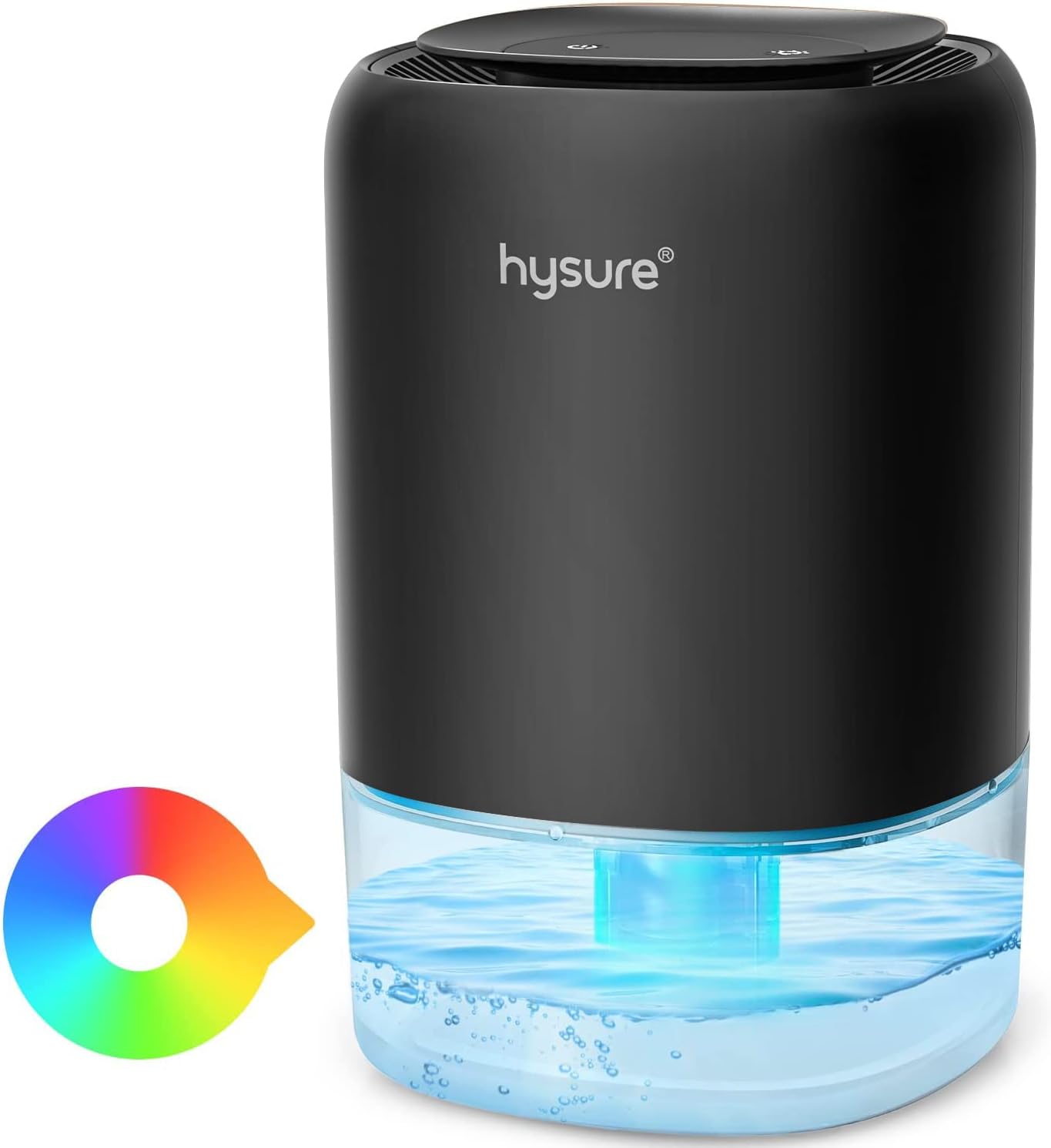 Hysure Small Dehumidifier, front view with water tank and colorful light indicator.