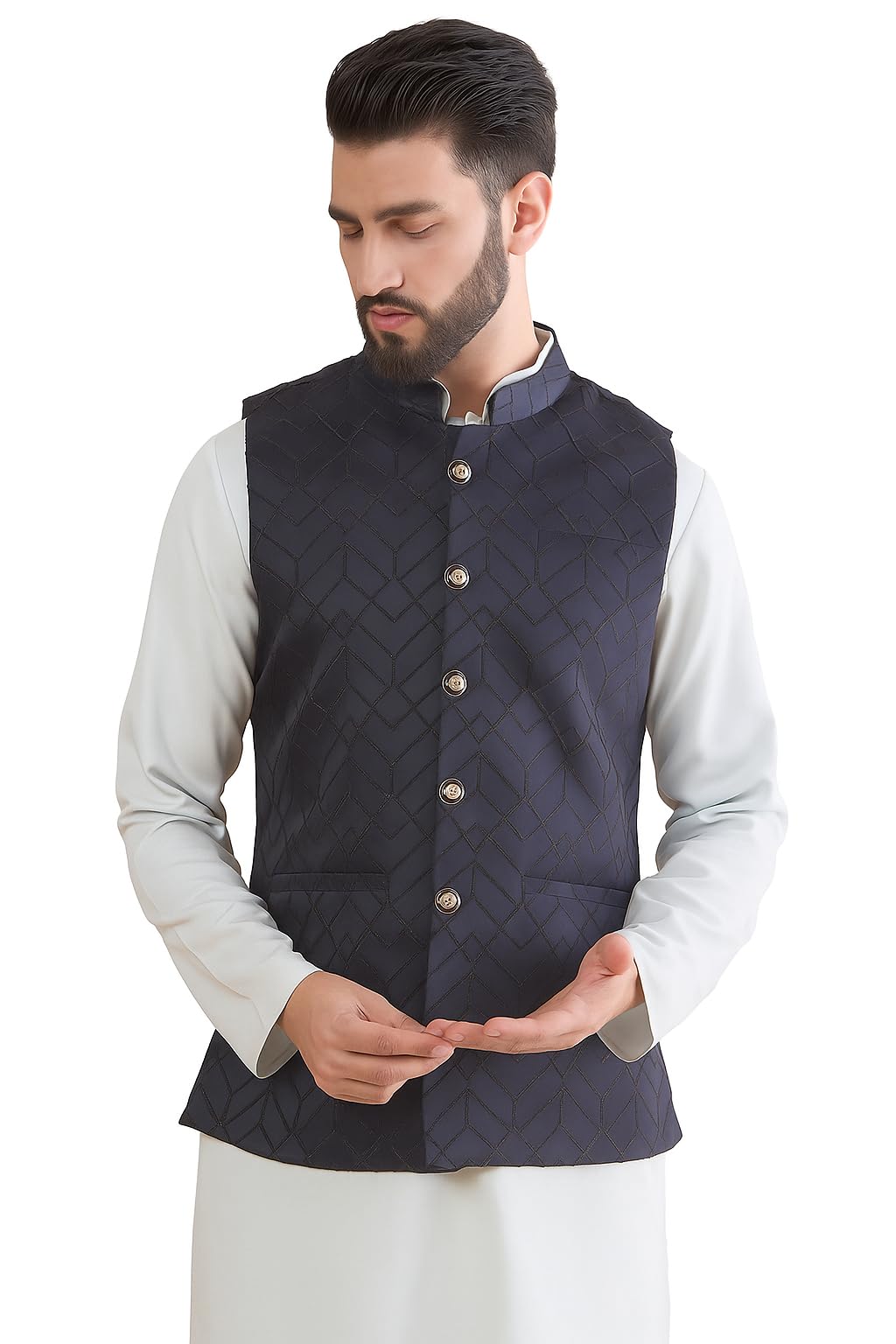 Mens Woven Design Mandarin Collar Nehru Jackets | Sleeveless Jacket | Ethnic Wear-image-0