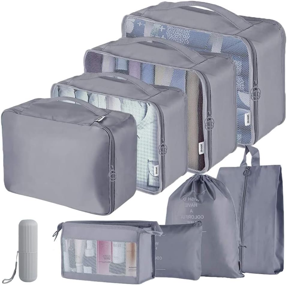 9 PCS Multifunction Travel Cubes Luggage Organiser Packing Bags Waterproof Compression Suitcase Bag(A-Grey)