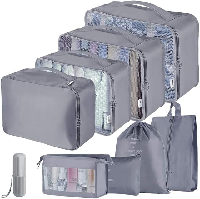 Travel Organiser Packing Cubes, Venkaite 9 PCS Multifunction Travel Cubes Luggage Organiser Packing Bags Waterproof Travel Compression Suitcase Bag Travel Essential Bag(A-Grey)