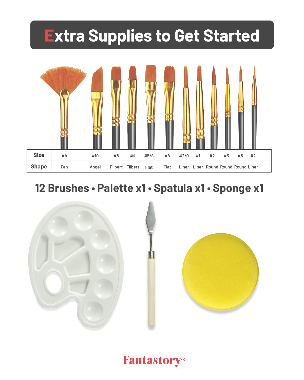 Fantastory Set di colori acrilici, 50 bottiglie da 60 ml + 10 pennelli, impermeabile, non sbiadisce, non tossico, per tela, legno, ceramica, modelli, principianti, studenti d'arte, hobbistica