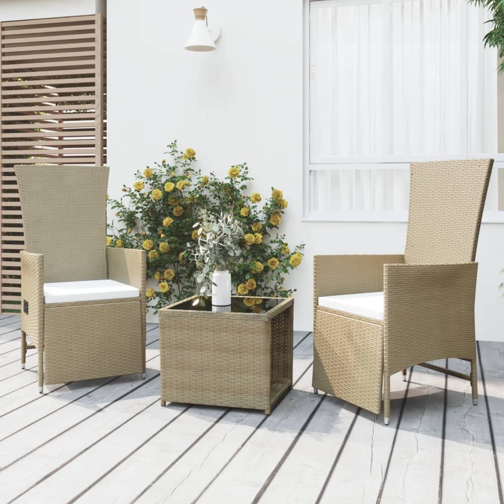 Juego de 3 sillas de jardín beige de ratán sintético y acero con función de descanso, cojín acolchado grueso y mesa de cristal duro, soporta hasta 110 kg por asiento