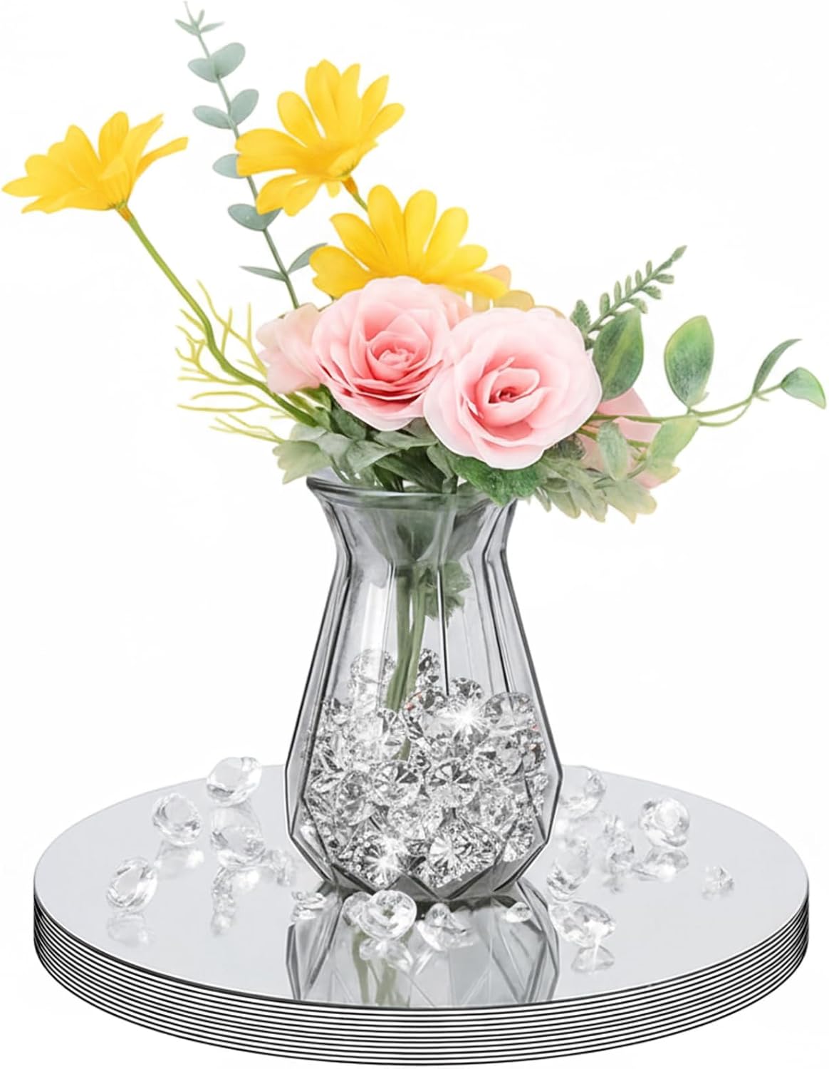 12 Set Round Mirrors for Centerpieces with 800-piece Clear Acrylic Diamonds 10 Inch Mirror Tray Candle Plate Wedding Decor for Wedding Baby Shower Party Table Crafts Decor