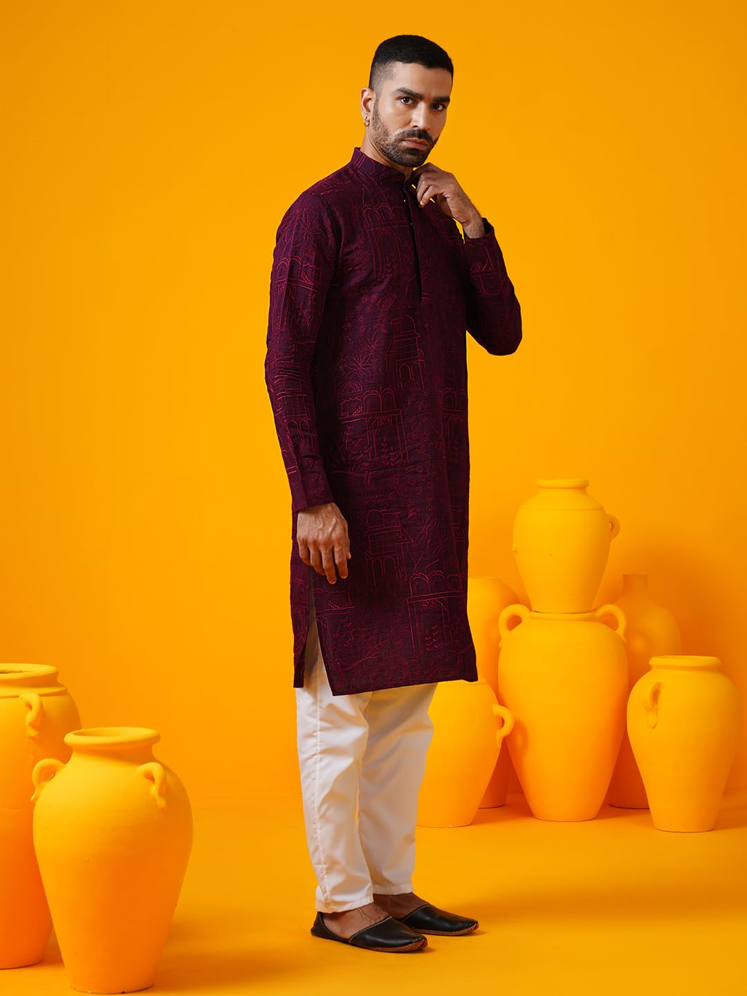 Sojanya (Since 1958 Men's Cotton Silk Kantha Thread Embroidered Wine Kurta With White Pyjama