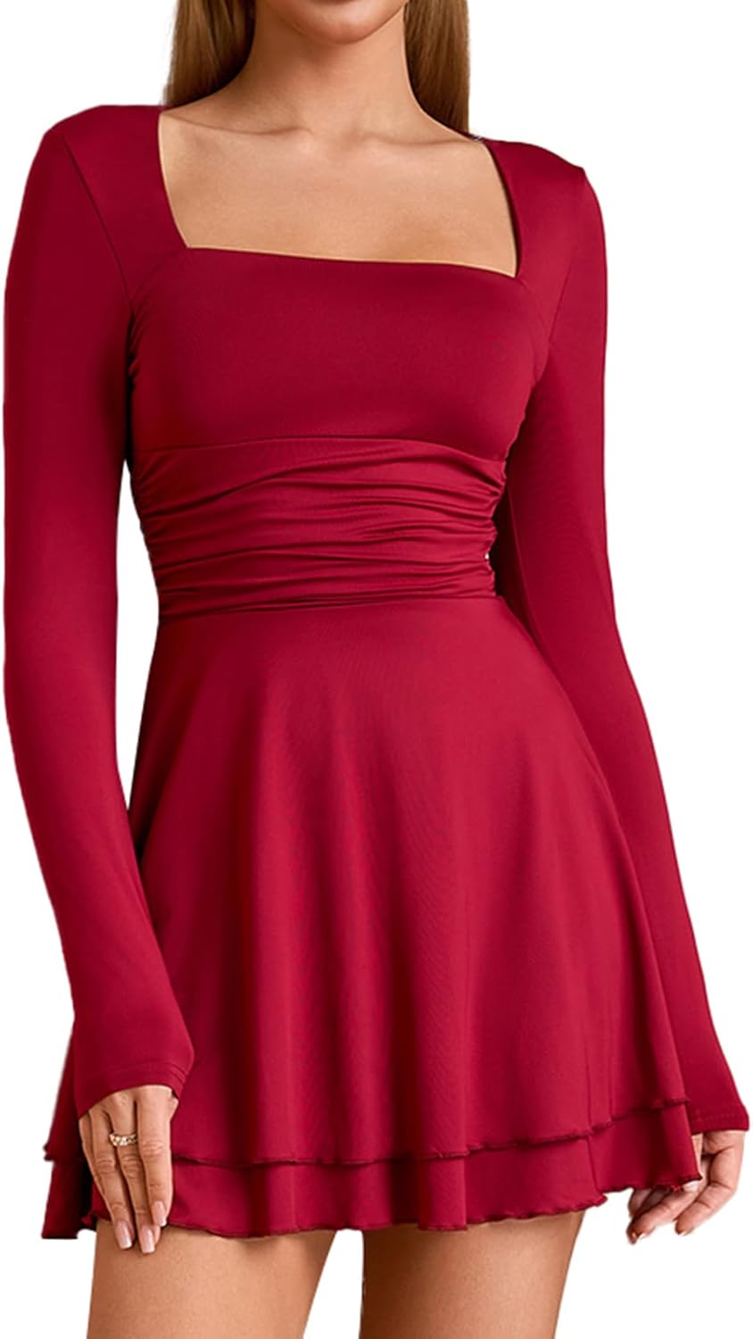 GLNEGE Women's Long Sleeve Square Neck Mini Homecoming Dress A-Line Ruffle Hem Short Party Going Out Dresses