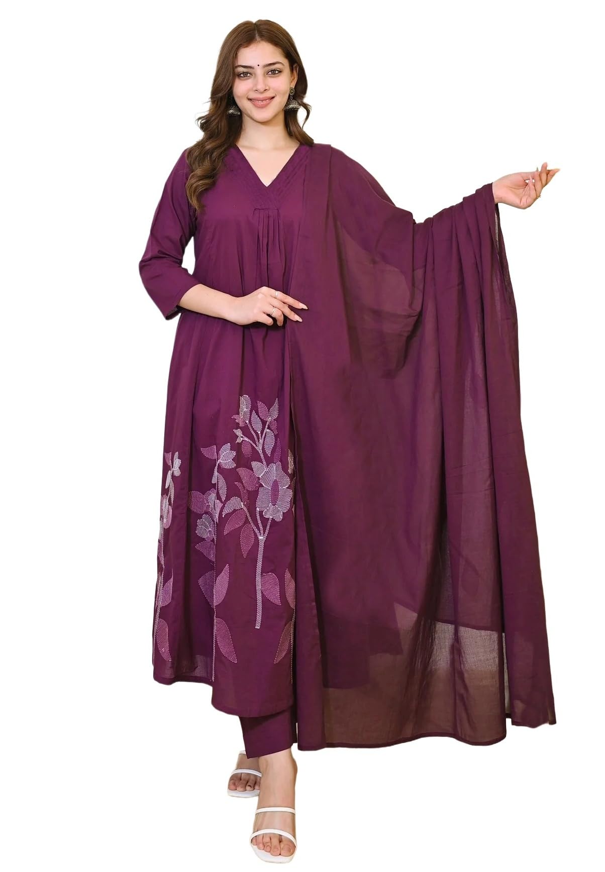 Women Solid A-line Kurta and Pant set With Dupatta | Women Kurta Set | Solid Suit | Embroidery Kurta Set |-image-15