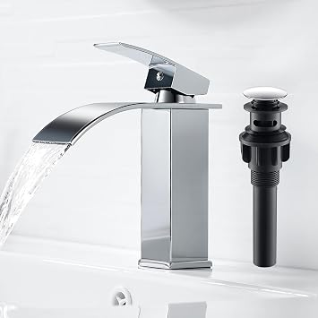 Bathroom Sink Taps Chrome, Waterfall Basin Mixer Tap with Pop Up Waste, Modern Single Lever Brass Bathroom Taps Mixer Hot and Cold Water Sink Faucet with UK Standard Hoses