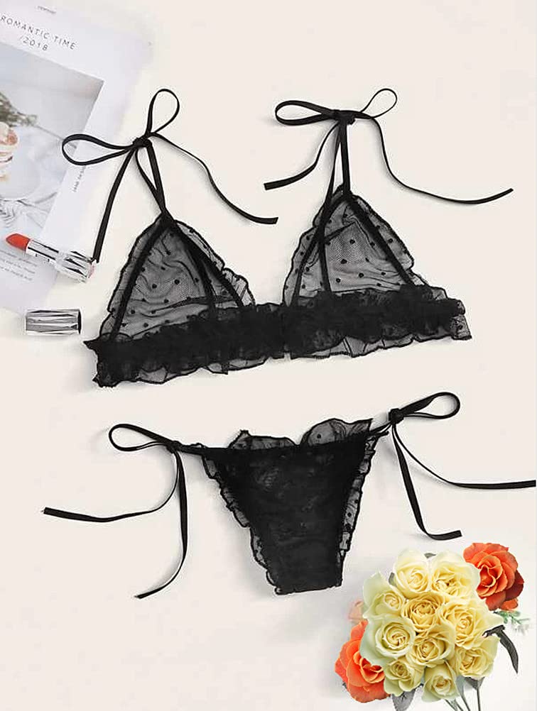 QHQQXN Conjunto de lencería, Lindo Conjunto de Sujetador y Bragas Transparentes, Ropa Interior de Peluche con Tiras y Lazo Ajustable, Camisones de Dormir traviesos para Regalo de San Valentín