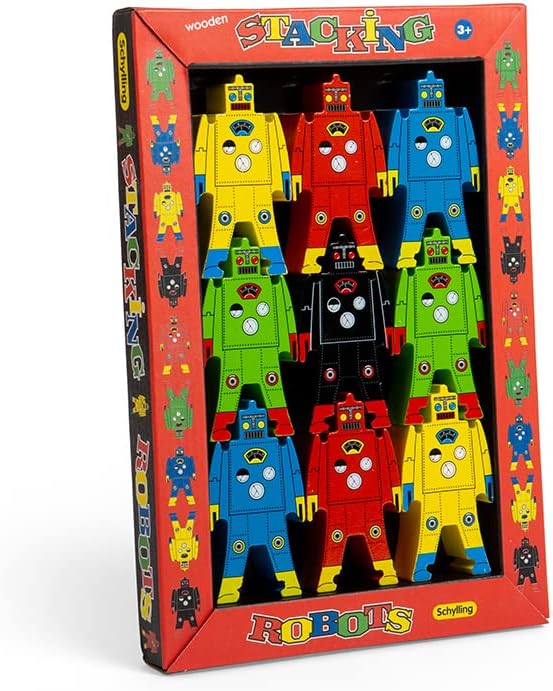 Schylling Stacking Robots - Colorful Wooden Stacking Toy for Kids - 9 pcs. Fun Puzzle for Balancing and Imaginative Play - Ages 3 and Up