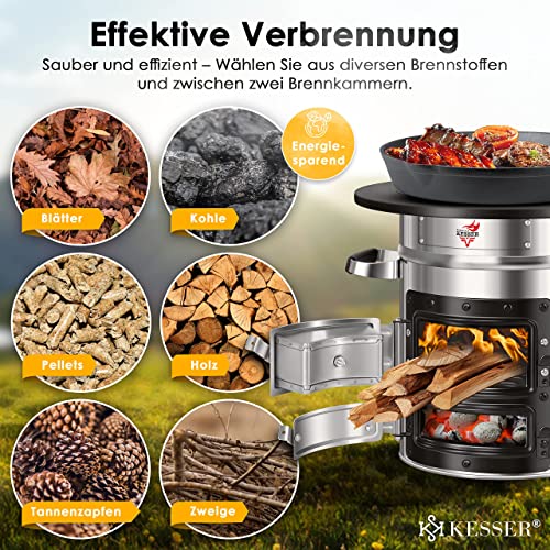 KESSER® Raketoven incl. grillpan van gietijzer met draagtas Dutch Oven BBQ raket houtkachel camping kooktoestel campinggrill roestvrij staal zilver - Afbeelding 6
