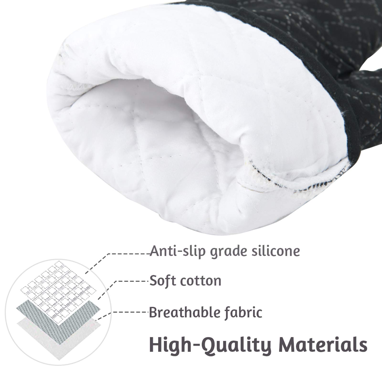 Juego de 4 guantes de horno y soportes para ollas, guantes de horno resistentes al calor 572F, forro de algodón suave con superficie antideslizante para cocina, hornear, barbacoa (negro)