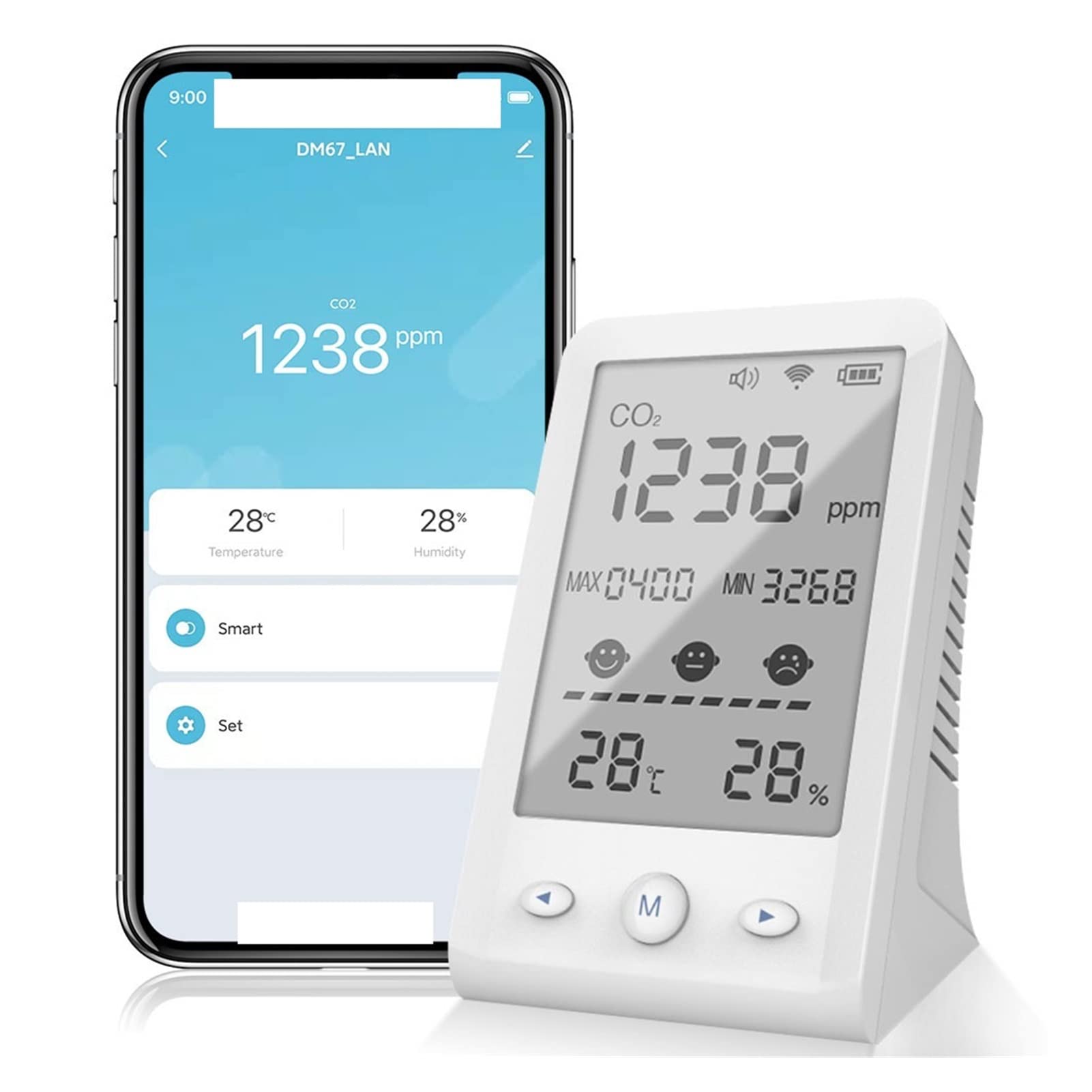 Monitor della qualità dell'Aria con WiFi Tuya, Mini misuratore di anidride carbonica da banco, termoigrometro per Interni ed Esterni