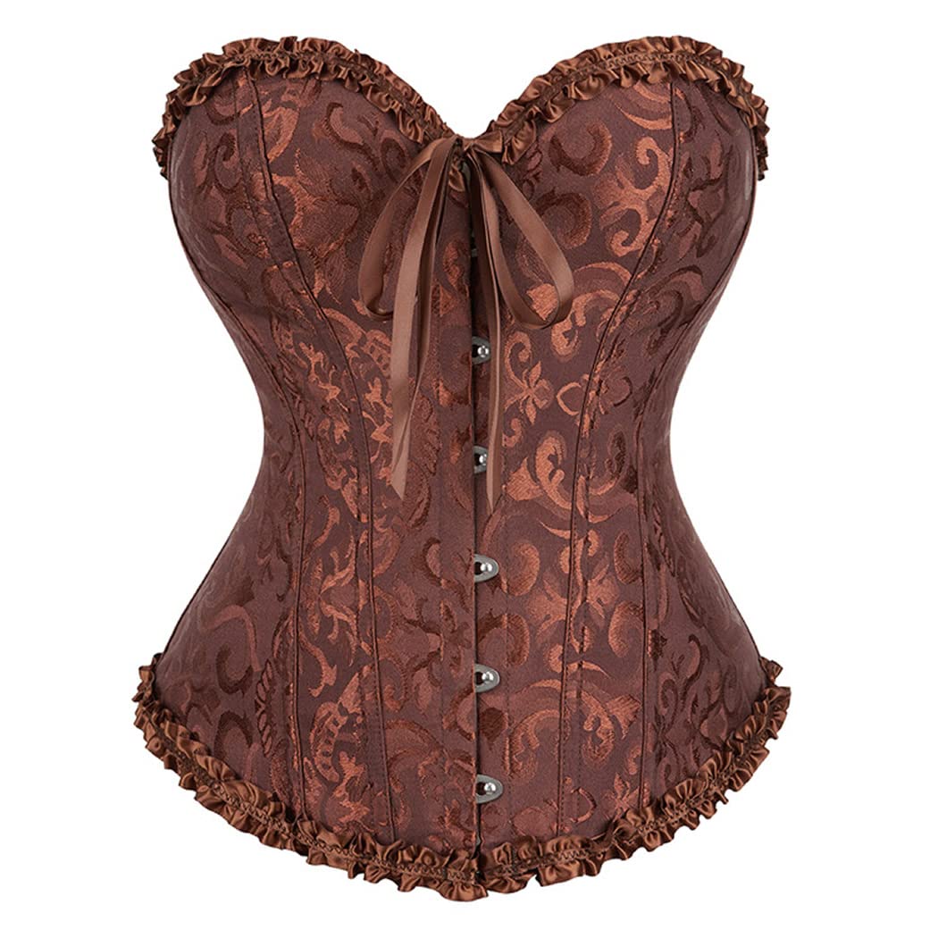 DISSA Corset Overbust Volants Vintage | Jacquard, volants, nœud avant, fermeture busk avant, ruban laçage arrière, baleines plastiques
