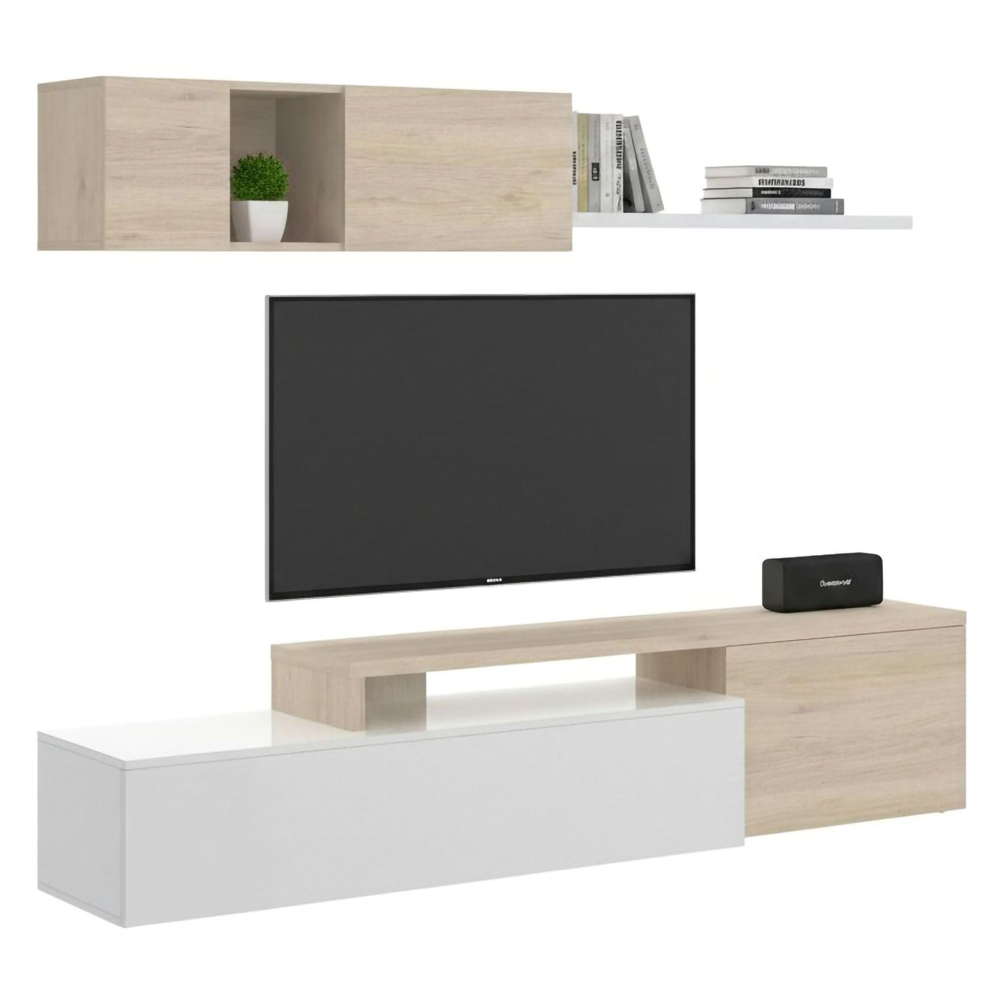 Dmora - Wandeinheit Baker, modulares Eck-Wohnzimmerset, Wohnzimmermöbel Multiposition TV-Ständer, 201 x 41 x 180 cm, Weiß und Eiche