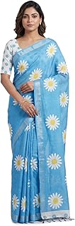 Shri Hari Sarees Women's Pure Linen Cotton Daisy Print Saree with Silver Zari Border &amp; Matching Blouse Piece
