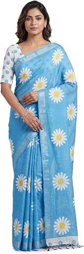 Shri Hari Sarees Women's Pure Linen Cotton Daisy Print Saree with Silver Zari Border &amp; Matching Blouse Piece