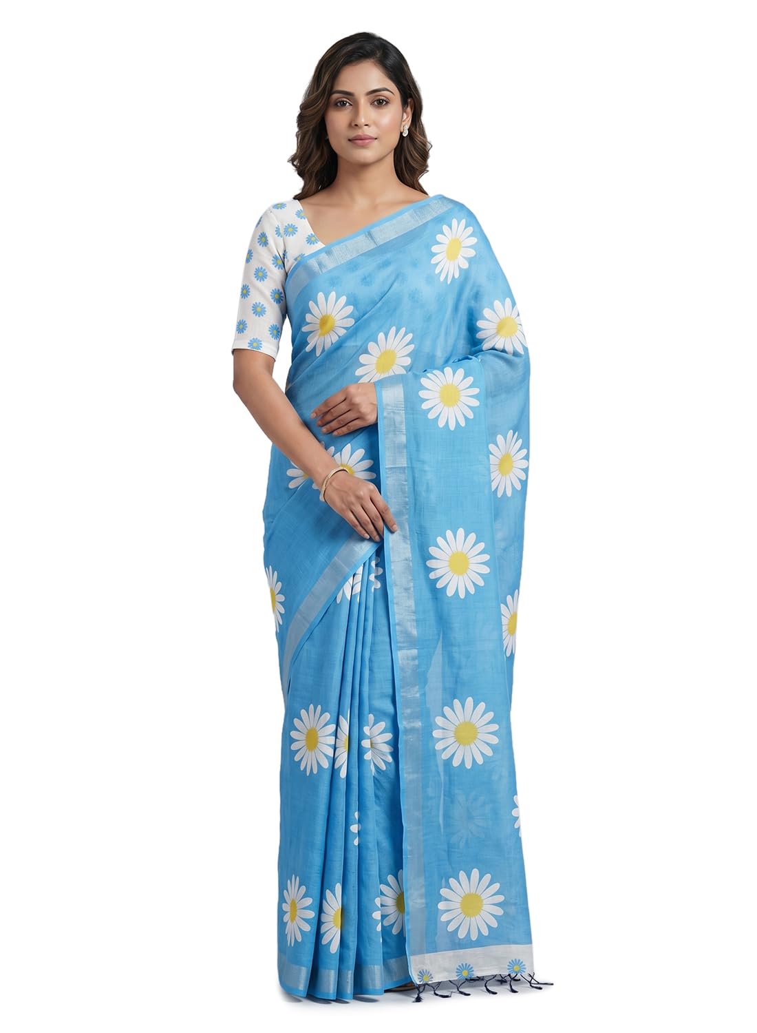 Shri Hari Sarees Women's Pure Linen Cotton Daisy Print Saree with Silver Zari Border & Matching Blouse Piece - Review, Price and Buying Guide