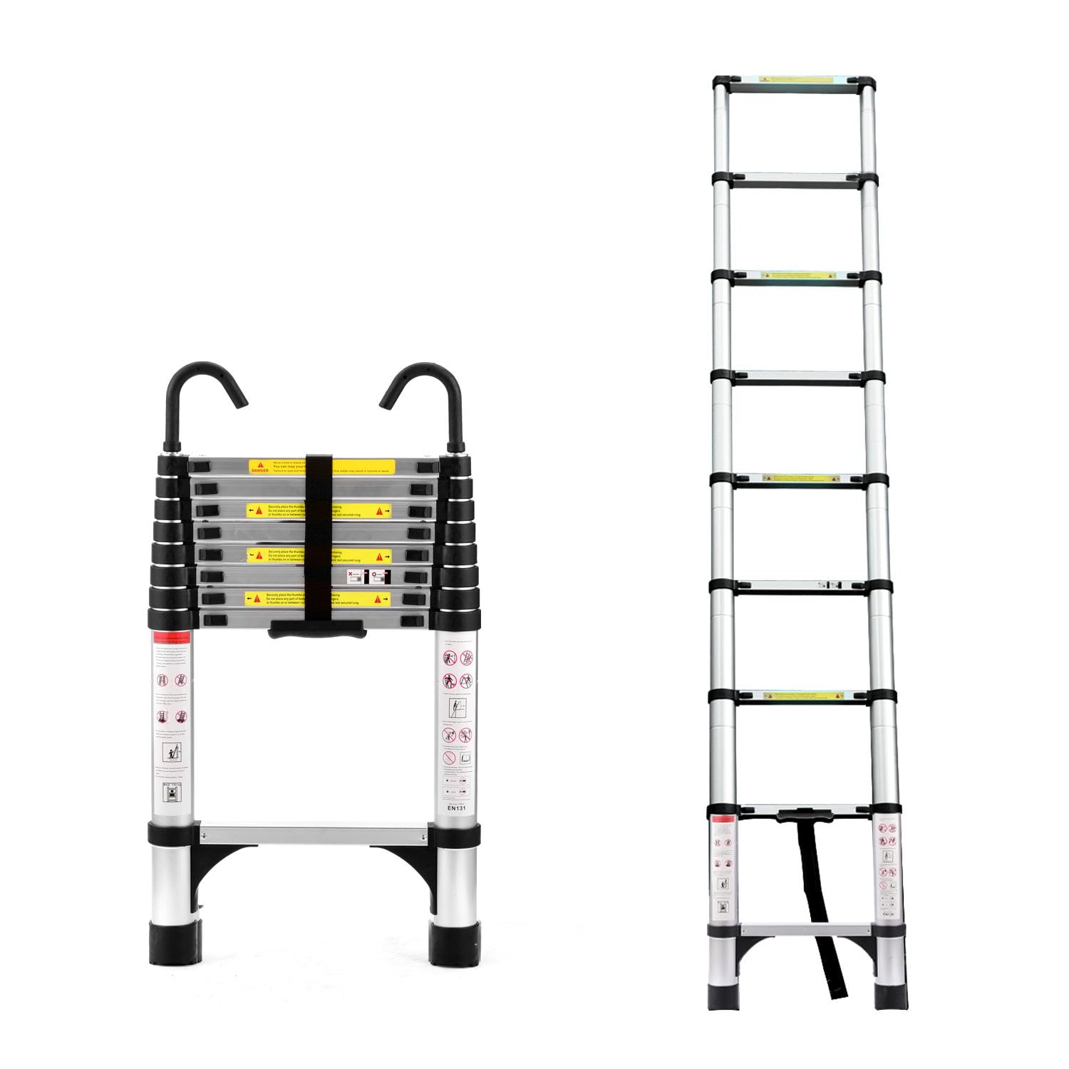 Telescopic Aluminum Extension Ladder Folding Multi Purpose Loft Attic Roof RV Home Work Support Hooked Step Tool Overlapping Tube Design Triangular Frame Anti Slip Feet Safety Lock (Silver,8.5FT)