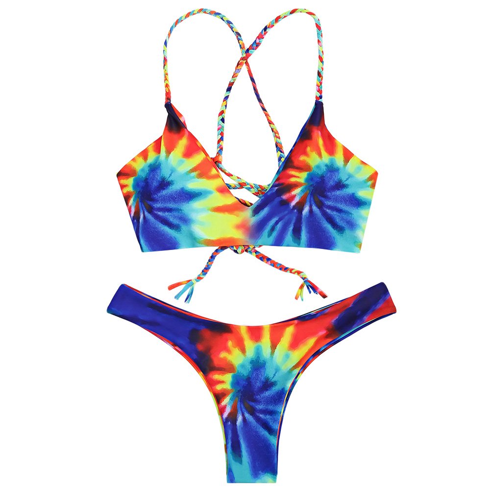 Zaful Women Colorful Criss Cross Tie Dye Braided Bikini Set