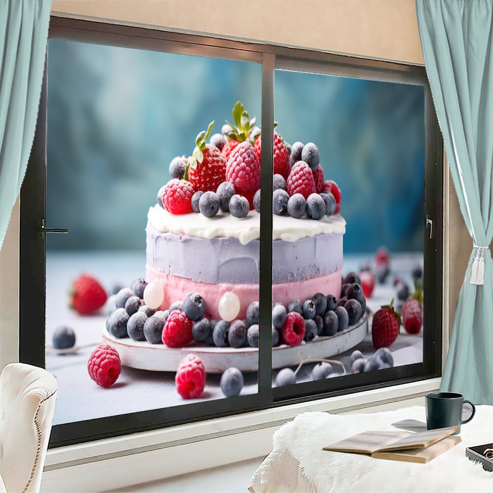 Pellicola per la privacy per finestre con torta di frutta, frutti di bosco dolci, rivestimenti per finestre in vetro colorato, senza colla, pellicola statica per finestre per casa, ufficio, negozi, 90