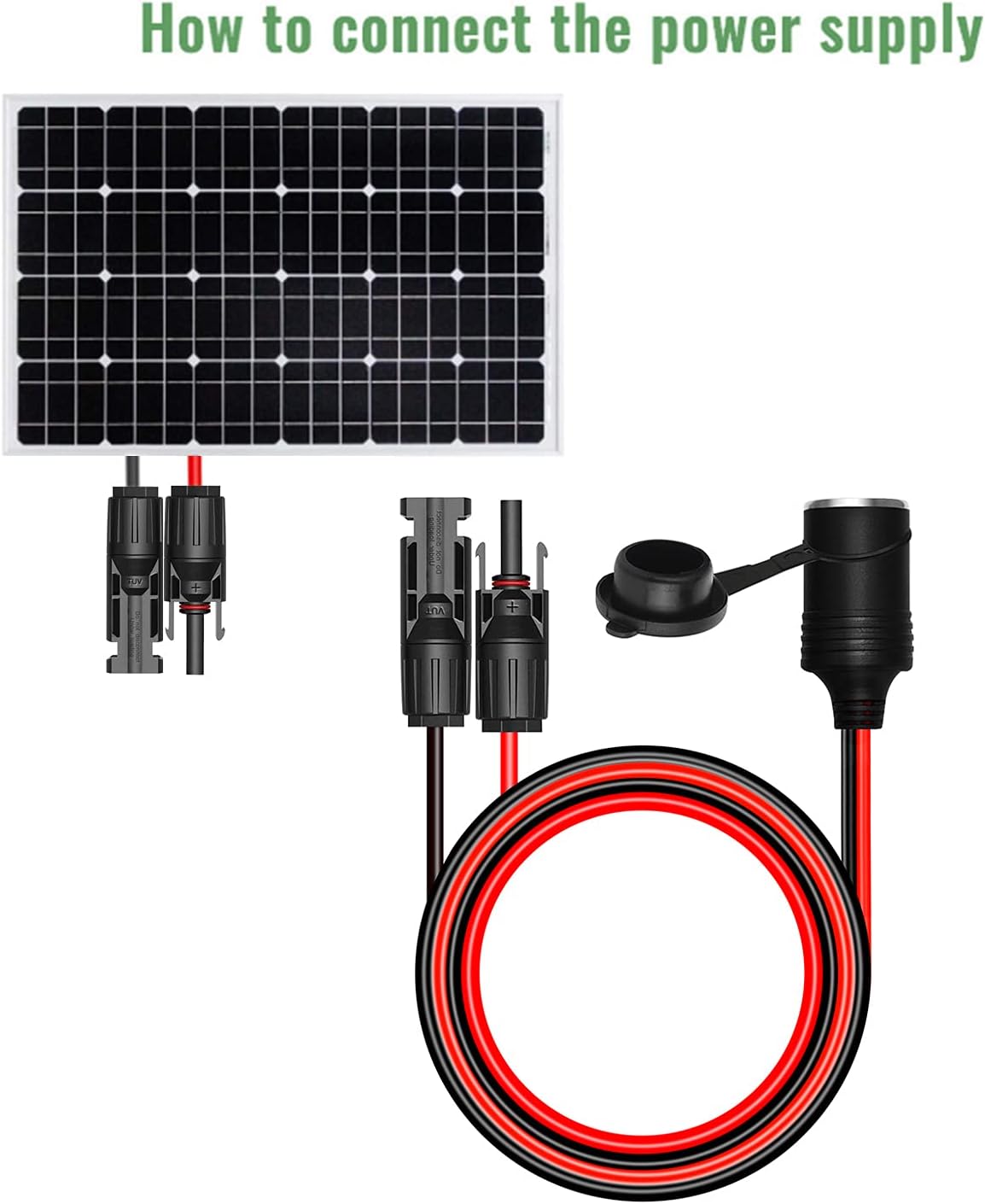 Solar Connector Cable - 14 AWG Heavy Duty Extension Cable to 12V-24V Female Cigarette Lighter Socket - 5ft/1.5m with Dust Cap