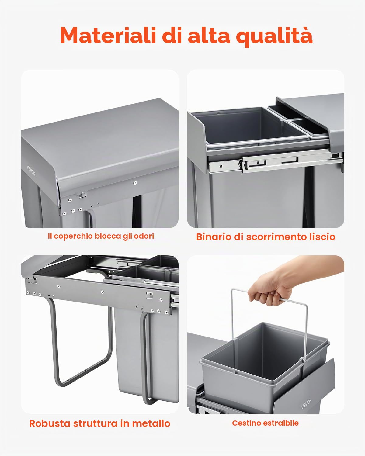 VEVOR Pattumiera Estensibile Portarifiuti da Cucina 20+10+10 L Pattumiera Sottolavello da Incasso Cestino per Rifiuti da Cucina Sistema Scorrevole a Estrazione in Metallo Maniglia