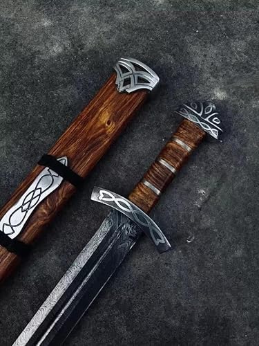 Espada vikinga de acero de Damasco forjada a mano, réplica de guerrero del norte, batalla medieval, espadas de reyes con funda, grabado Dorado