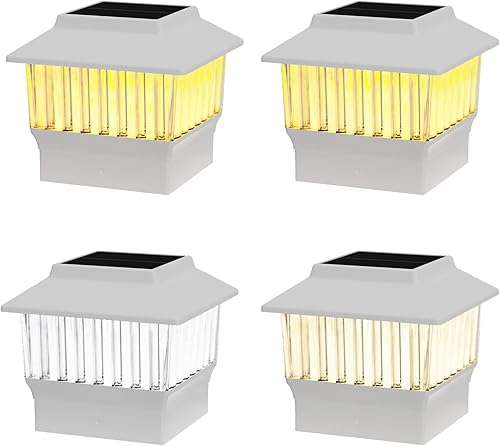 Paquete de 4 luces solares blancas para tapa de poste, 50 lúmenes seleccionables en 3 colores (3000 K4000 K6000 K), se adapta a postes de vinilo de
