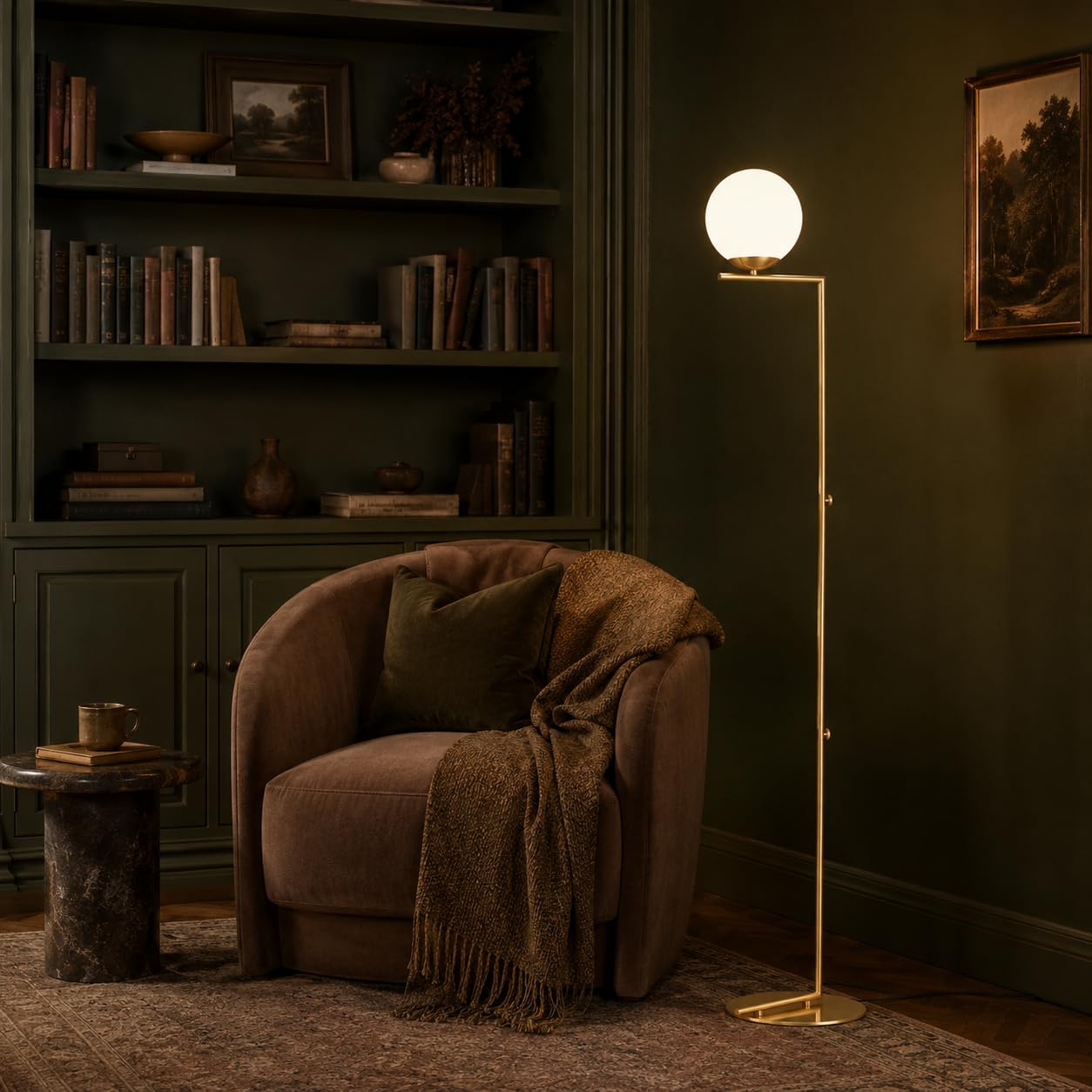 Barcelona lampa podłogowa LED lata E27, szkło opal, Ø 22 cm, złoty